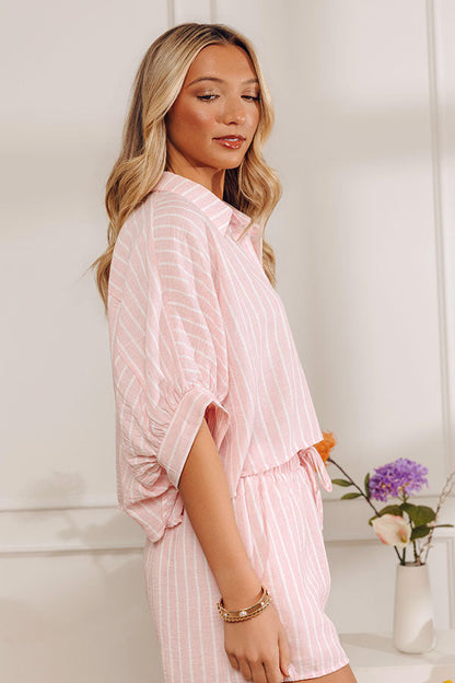 Coastal Ease Oversized Crop Button Up Top in Pink