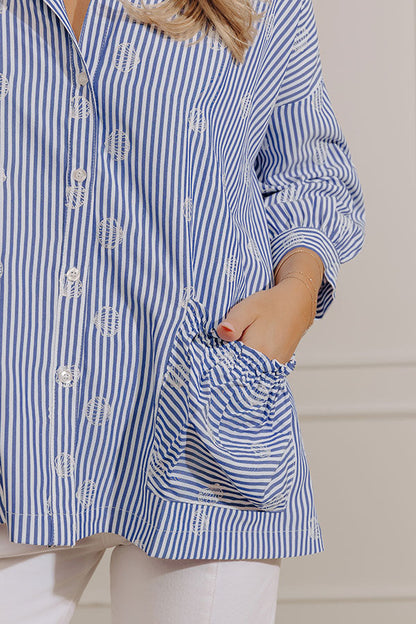 Beachcomber Chic Embroidered Oversized Button Up Top