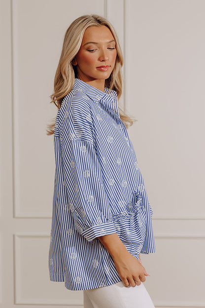 Beachcomber Chic Embroidered Oversized Button Up Top