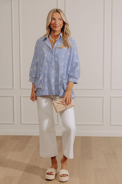 Beachcomber Chic Embroidered Oversized Button Up Top