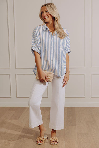 Stripe Me Happy Oversized Button Up Top in Blue