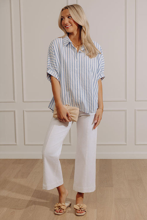 Stripe Me Happy Oversized Button Up Top in Blue