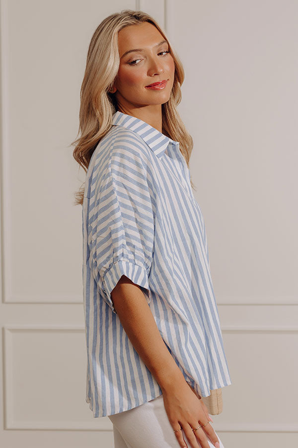 Stripe Me Happy Oversized Button Up Top in Blue