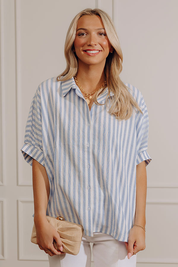 Stripe Me Happy Oversized Button Up Top in Blue