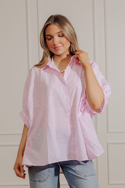 Cheerful Check Oversized Button Up Top