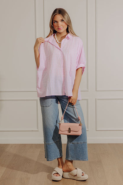 Cheerful Check Oversized Button Up Top