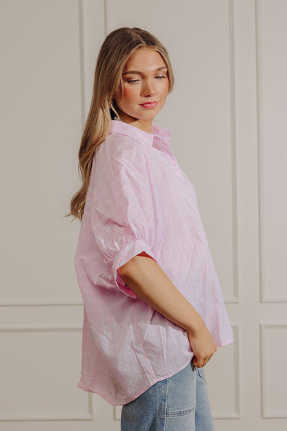 Cheerful Check Oversized Button Up Top