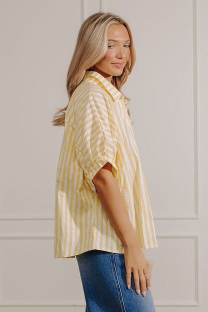 Stripe Me Happy Oversized Button Up Top in Primrose Yellow