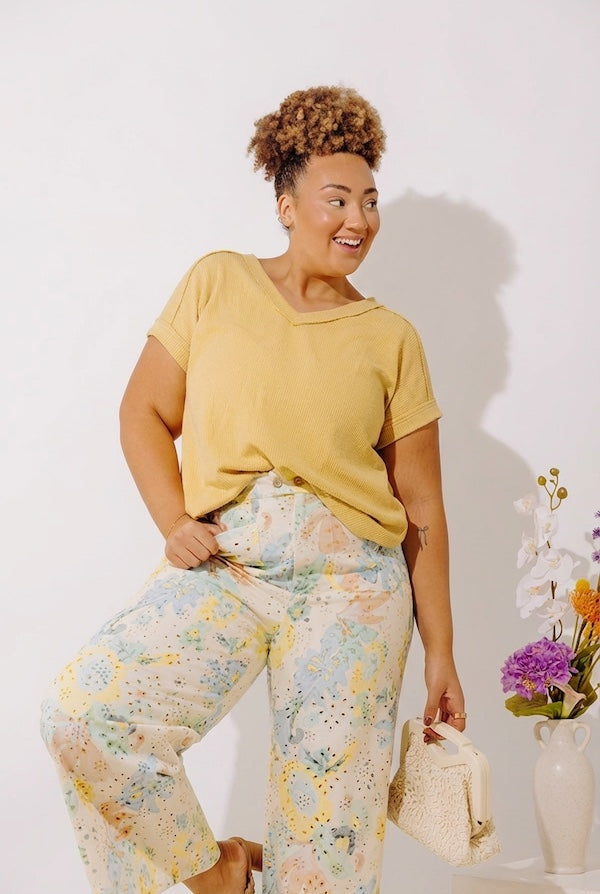Casual Brunch Ribbed Top in Mustard Curves
