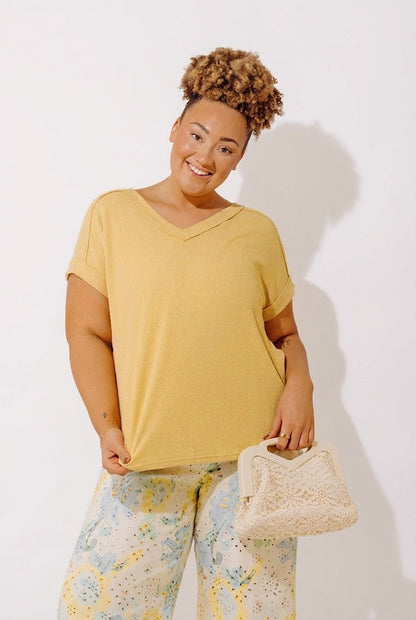 Casual Brunch Ribbed Top in Mustard Curves