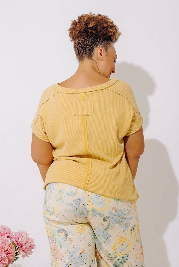 Casual Brunch Ribbed Top in Mustard Curves