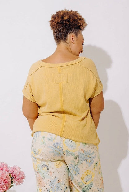 Casual Brunch Ribbed Top in Mustard Curves