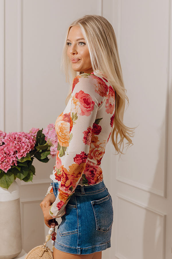 Champagne And Petals Floral Mesh Top