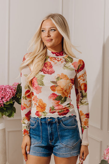Champagne And Petals Floral Mesh Top