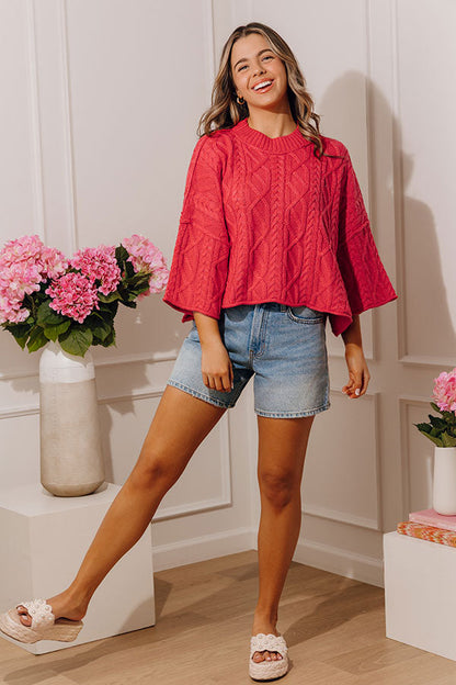 Timeless Charm Cable Knit Sweater Top in Red
