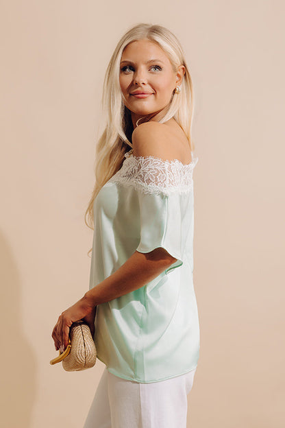 Lovely In Lace Satin Top in Mint