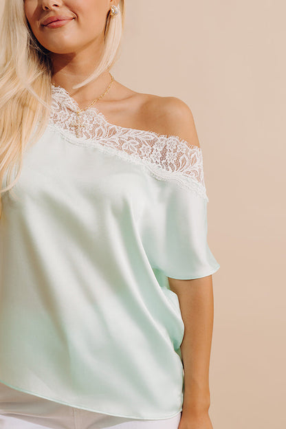 Lovely In Lace Satin Top in Mint