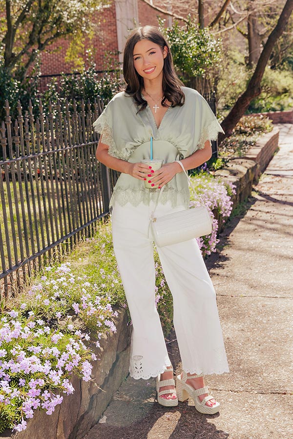 Sleek And Chic Lace Trim Satin Top in Sage