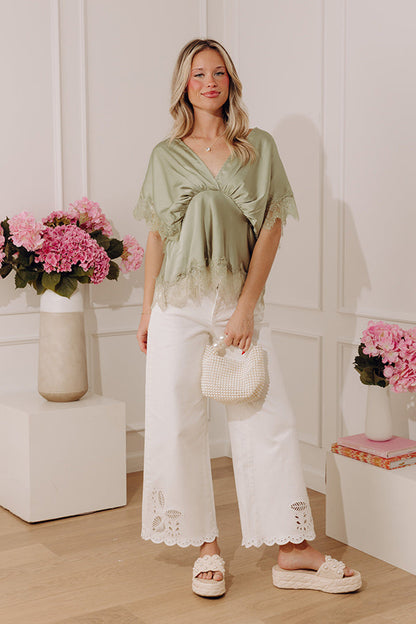 Sleek And Chic Lace Trim Satin Top in Sage