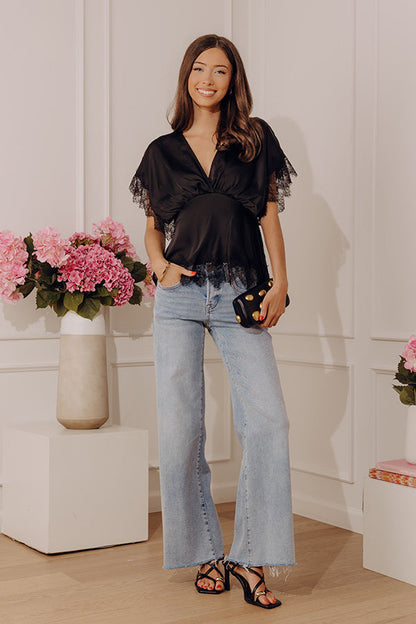 Sleek And Chic Lace Trim Satin Top in Black