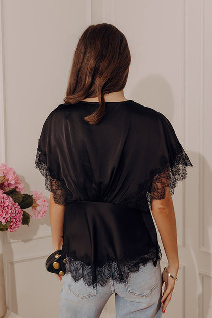Sleek And Chic Lace Trim Satin Top in Black