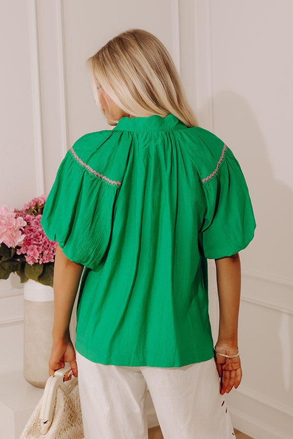 Bloom And Grace Floral Embroidered Top in Kelly Green