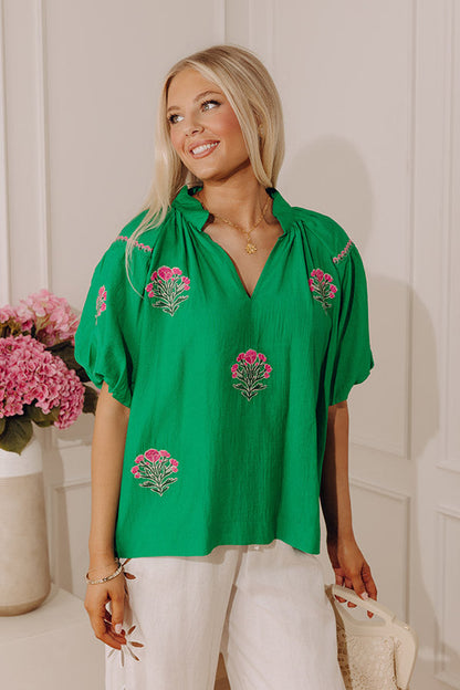 Bloom And Grace Floral Embroidered Top in Kelly Green