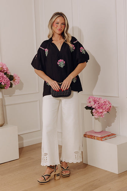 Bloom And Grace Floral Embroidered Top in Black