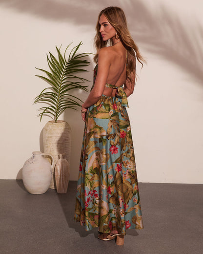 Beautiful Flowers Smocked Halter Maxi Dress