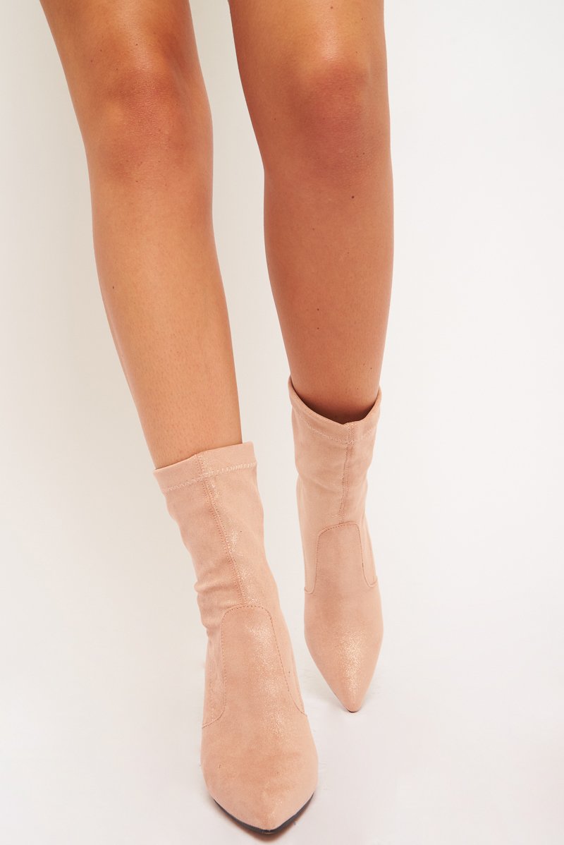 Apricot Faux Suede Diamante Heel Sock Boot - Graylin