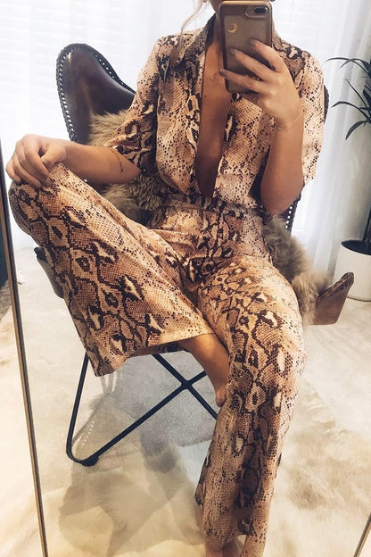Apricot Snake Print Shirt And Flared Trousers Co-ord - Fryda