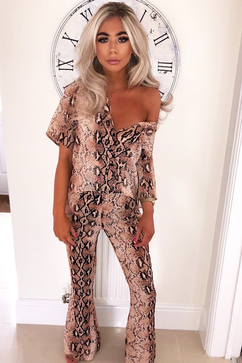 Apricot Snake Print Shirt And Flared Trousers Co-ord - Fryda