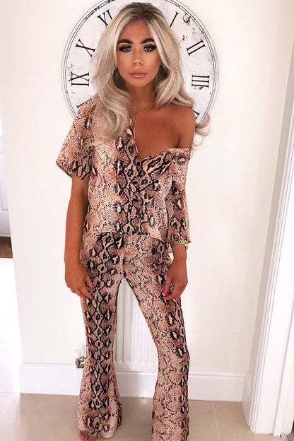 Apricot Snake Print Shirt And Flared Trousers Co-ord - Fryda