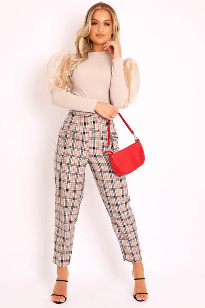 Beige Check Frill Detail Trousers - Bristal
