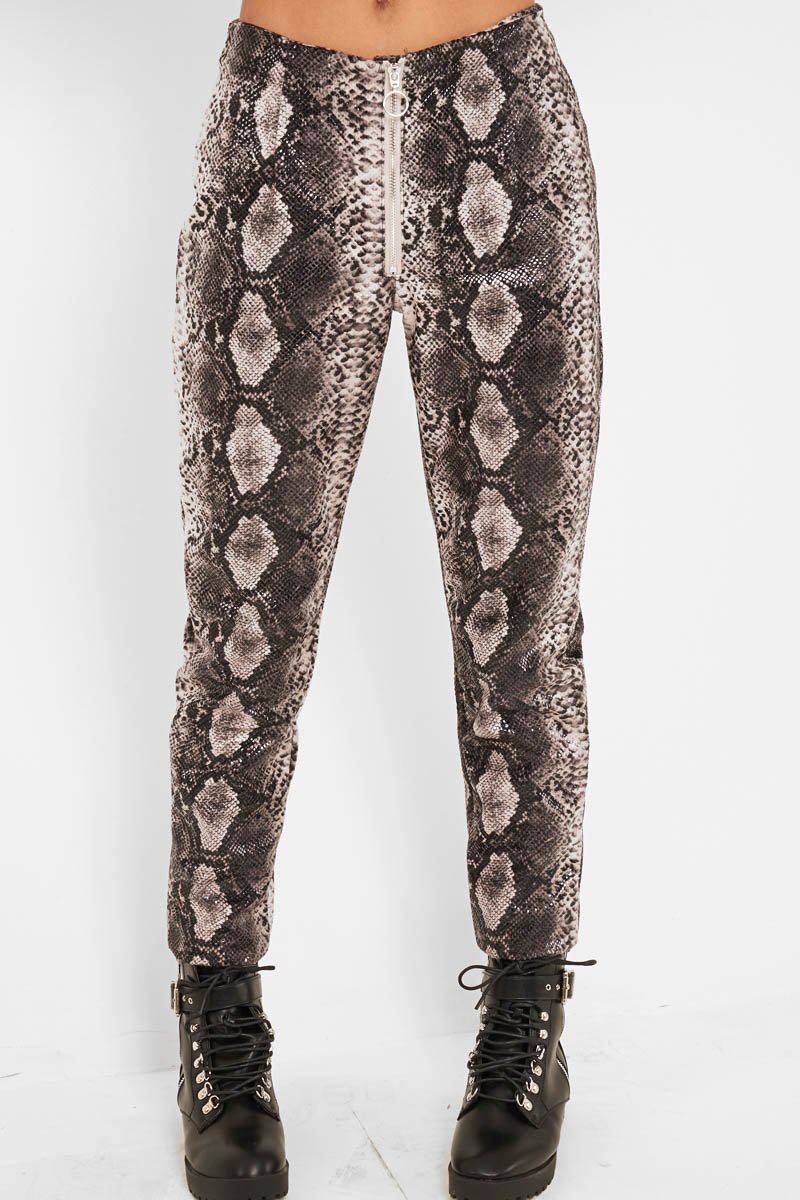 Beige Snake Coated Zip Front Trousers - Destynie