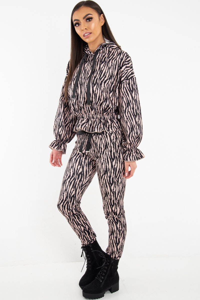 Beige Tiger Print Crepe Shirred Waist Tracksuit - Lanae