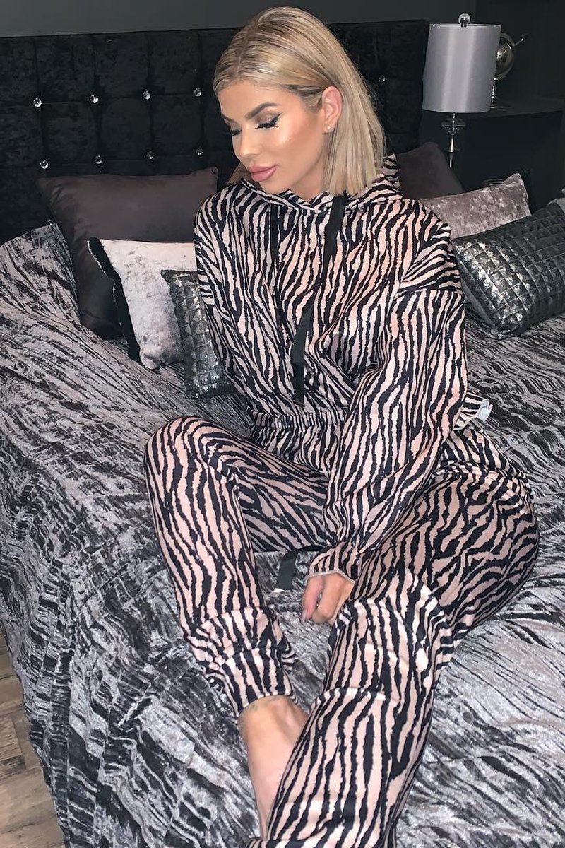 Beige Tiger Print Crepe Shirred Waist Tracksuit - Lanae