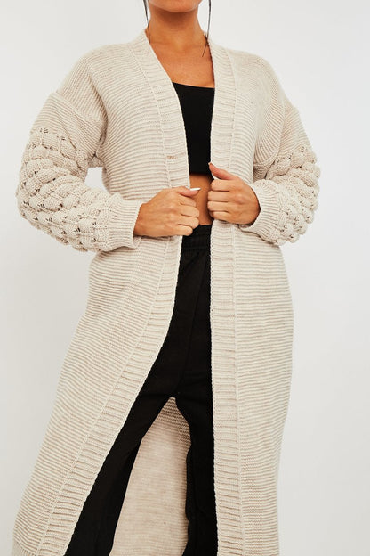 Beige Waffle Sleeve Maxi Cardigan - Davaya