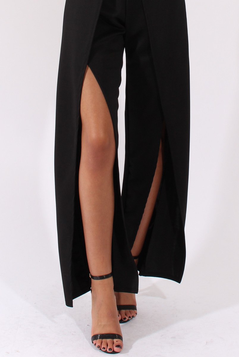 Black Bandeau Choker Split Detail Jumpsuit - Rosy