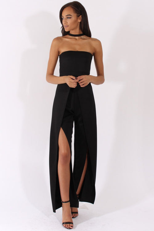 Black Bandeau Choker Split Detail Jumpsuit - Rosy