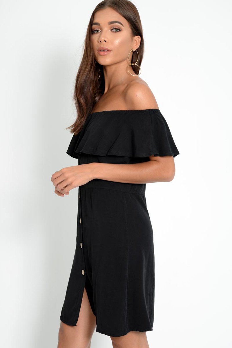 Black Bardot Frill Button Front Dress - Julissa