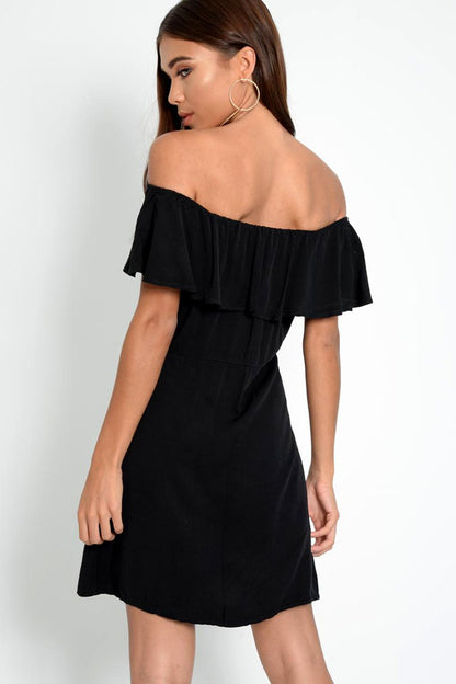 Black Bardot Frill Button Front Dress - Julissa