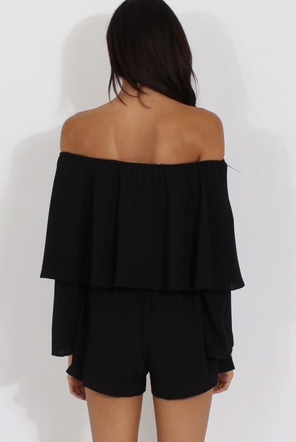 Black Bardot Frill Layer Playsuit - Ema