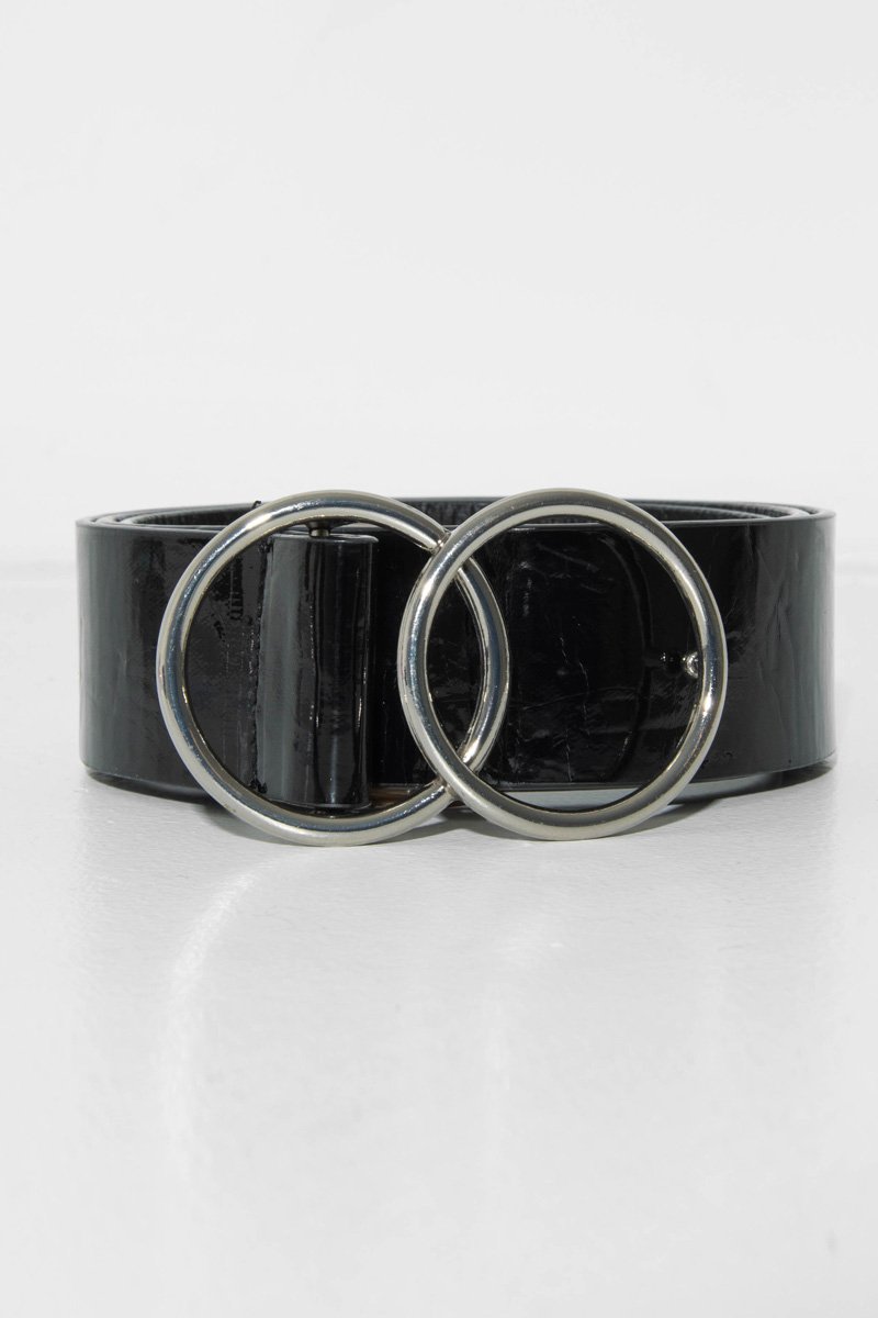 Black Basic Patent Double Circle Buckle Belt - Tansy