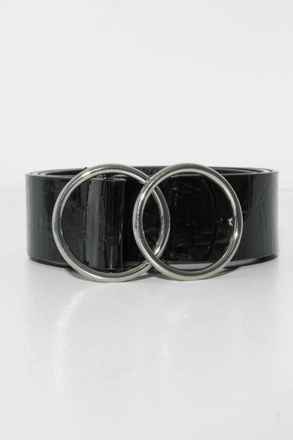 Black Basic Patent Double Circle Buckle Belt - Tansy