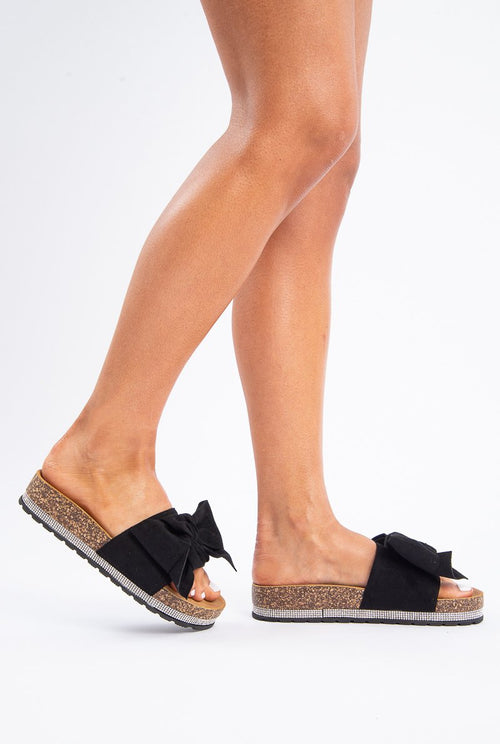 Black Bow Detail Diamante Sliders - Delvina