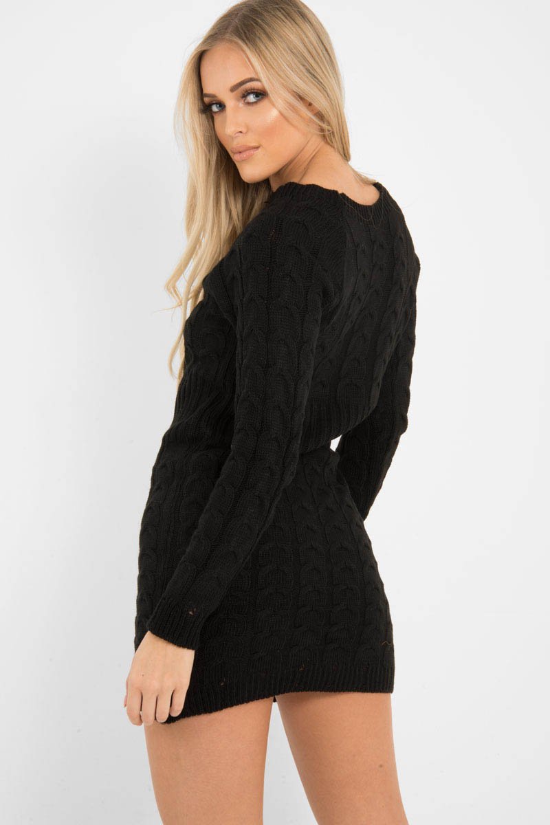 Black Cable Knit Jumper Midi Dress - Jaylie