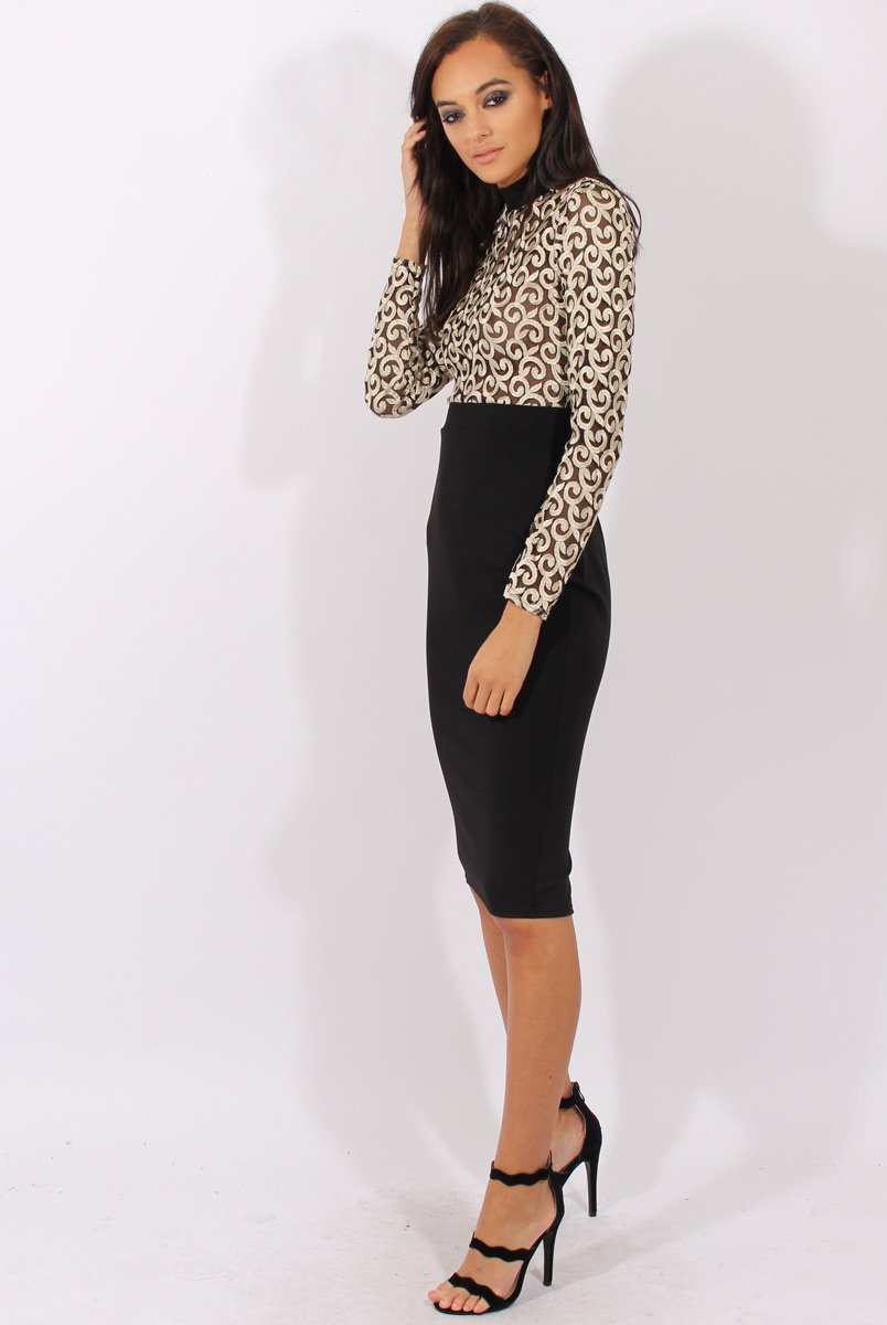 Black & Gold Mesh Top Embroidered Midi Dress - Louiza