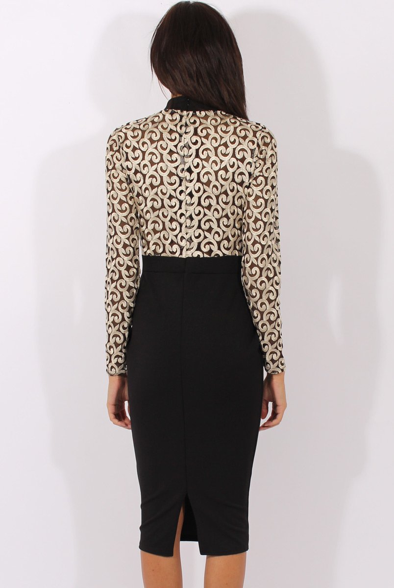 Black & Gold Mesh Top Embroidered Midi Dress - Louiza