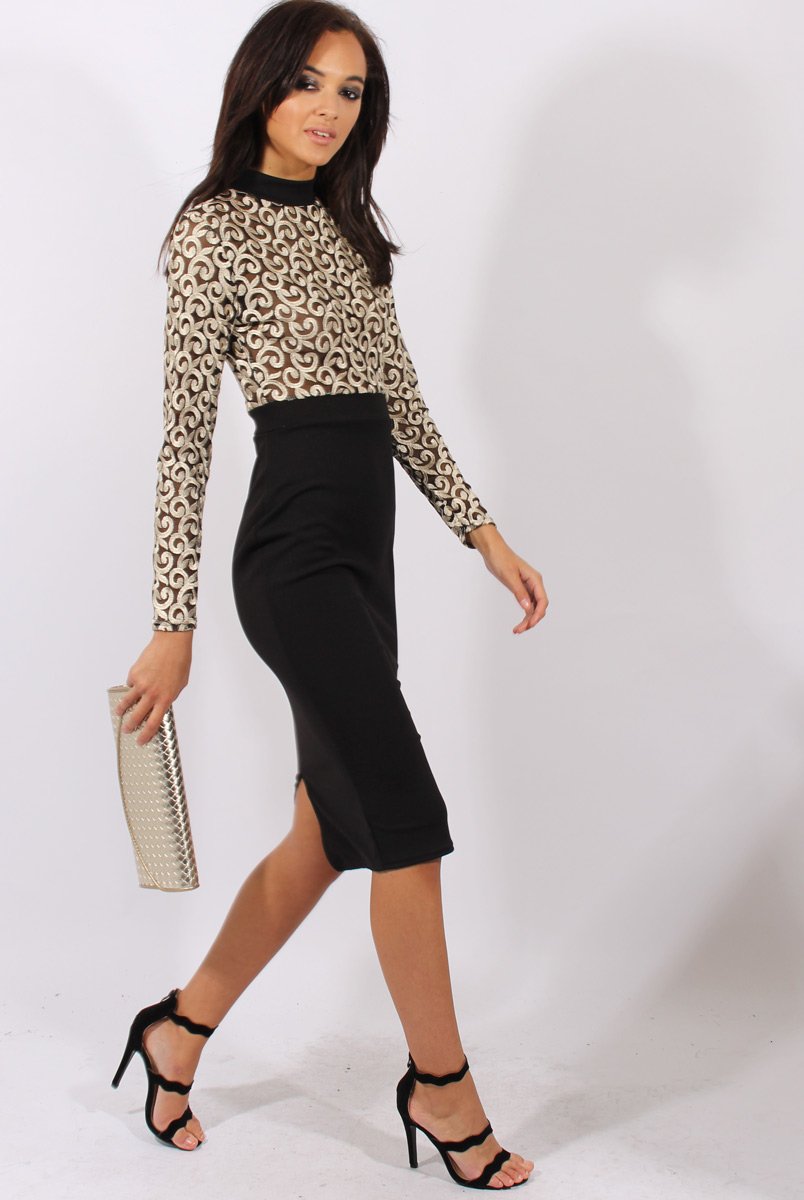 Black & Gold Mesh Top Embroidered Midi Dress - Louiza